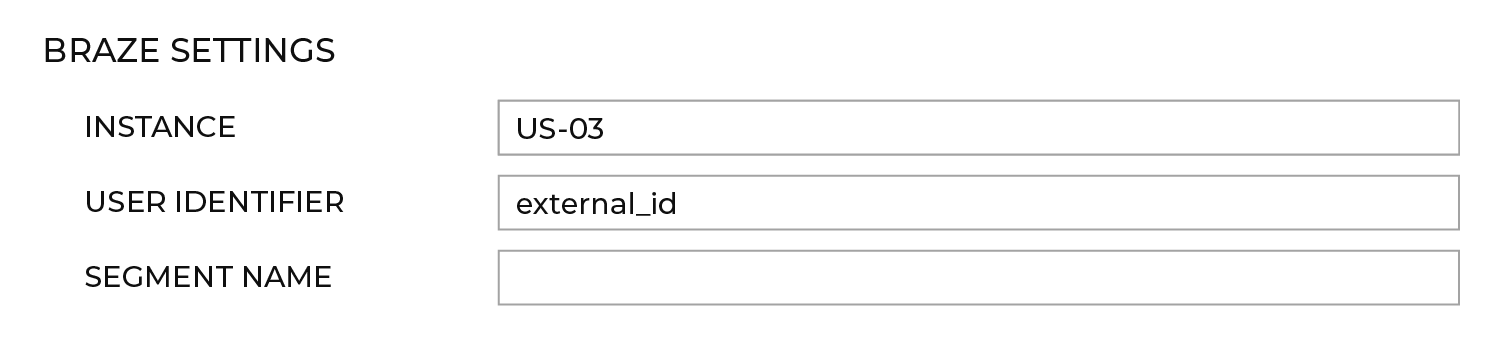 인스턴스가 'US-03'이고 사용자 I가 'external_id'이며 세그먼트 이름은 비어 있고 S3 버킷은 'amperity-training-abc123'이며 S3 폴더는 'braze-attributes'인 Braze 설정 섹션.