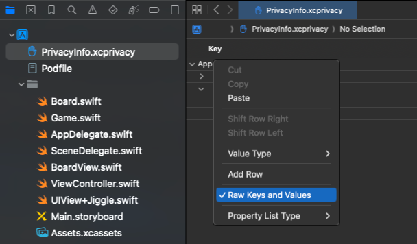 컨텍스트 메뉴가 열려 있고 '원시 키 및 값'이 강조 표시된 Xcode 프로젝트.