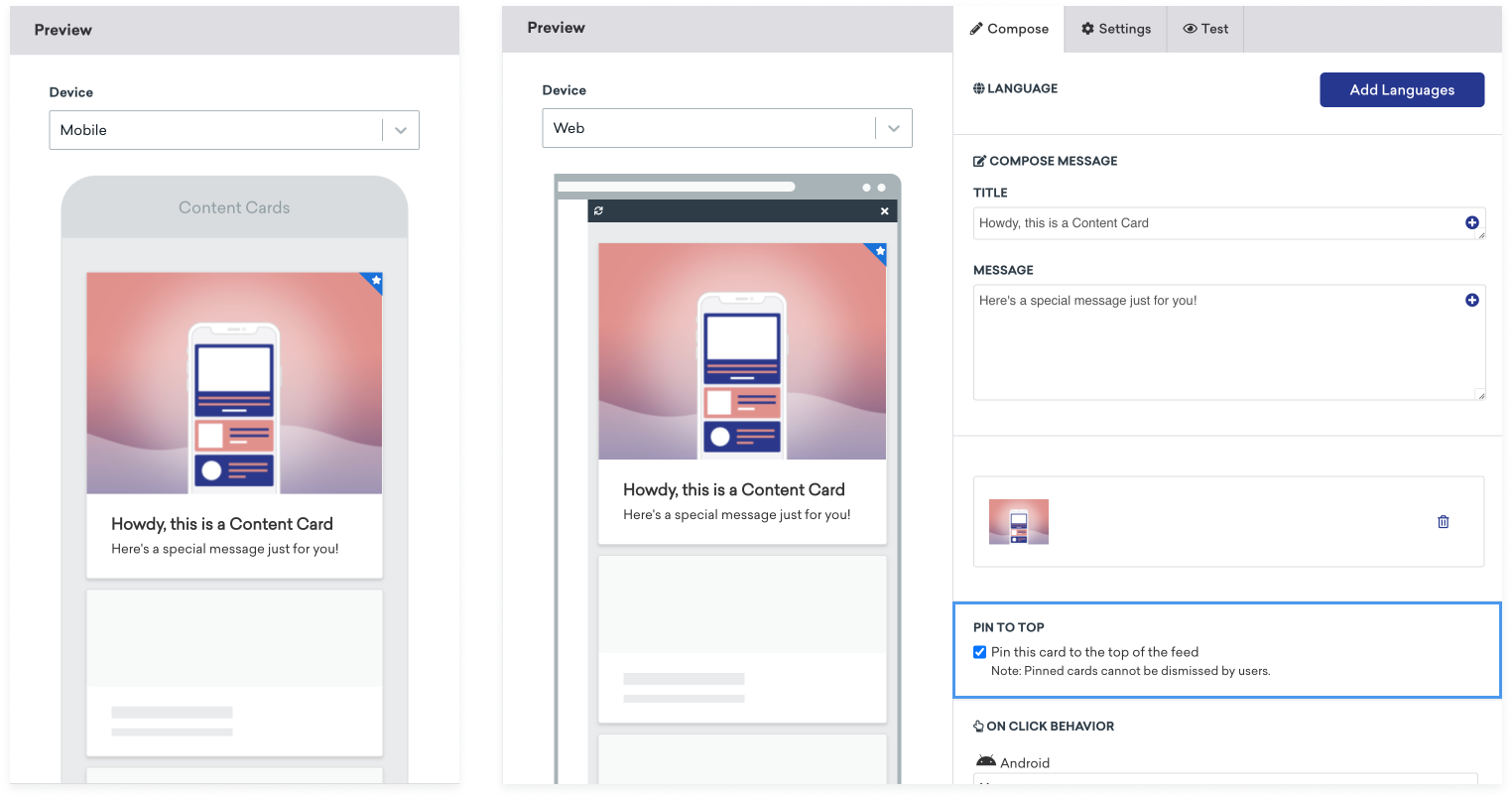 "이 카드를 피드 상단에 고정" 옵션을 선택한 상태에서 모바일 및 웹용 Braze의 콘텐츠 카드 미리 보기를 나란히 배치합니다.