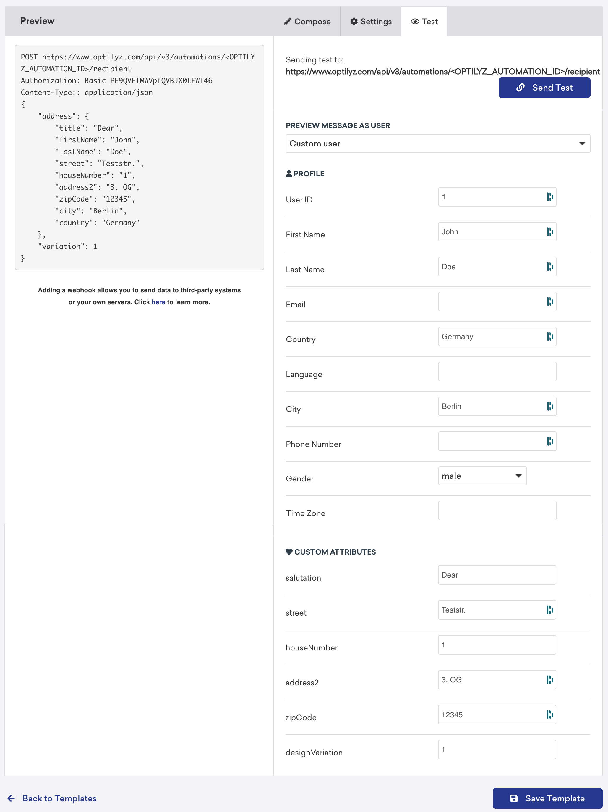 Braze 웹훅 빌더의 테스트 탭에서 사용 가능한 여러 테스트 필드.