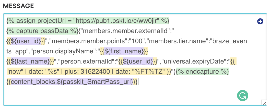 캡처한 JSON 및 콘텐츠 블록 참조가 표시된 콘텐츠 블록 메시지 작성기의 이미지입니다.