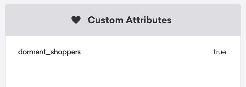 사용자 프로필 내 사용자 지정 속성 섹션에 "dormant_shopper"가 "true"로 나열됩니다.