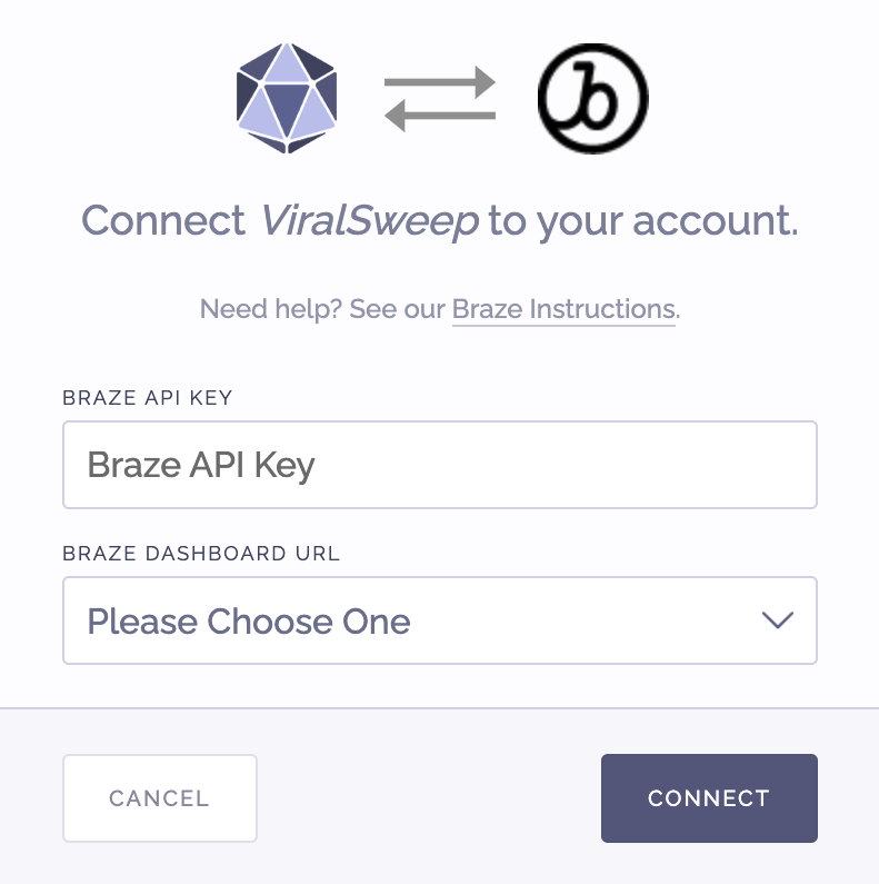 사용자에게 Braze API 키와 Braze 대시보드 URL을 입력하라는 메시지가 표시되는 ViralSweep 서비스 통합 페이지입니다.