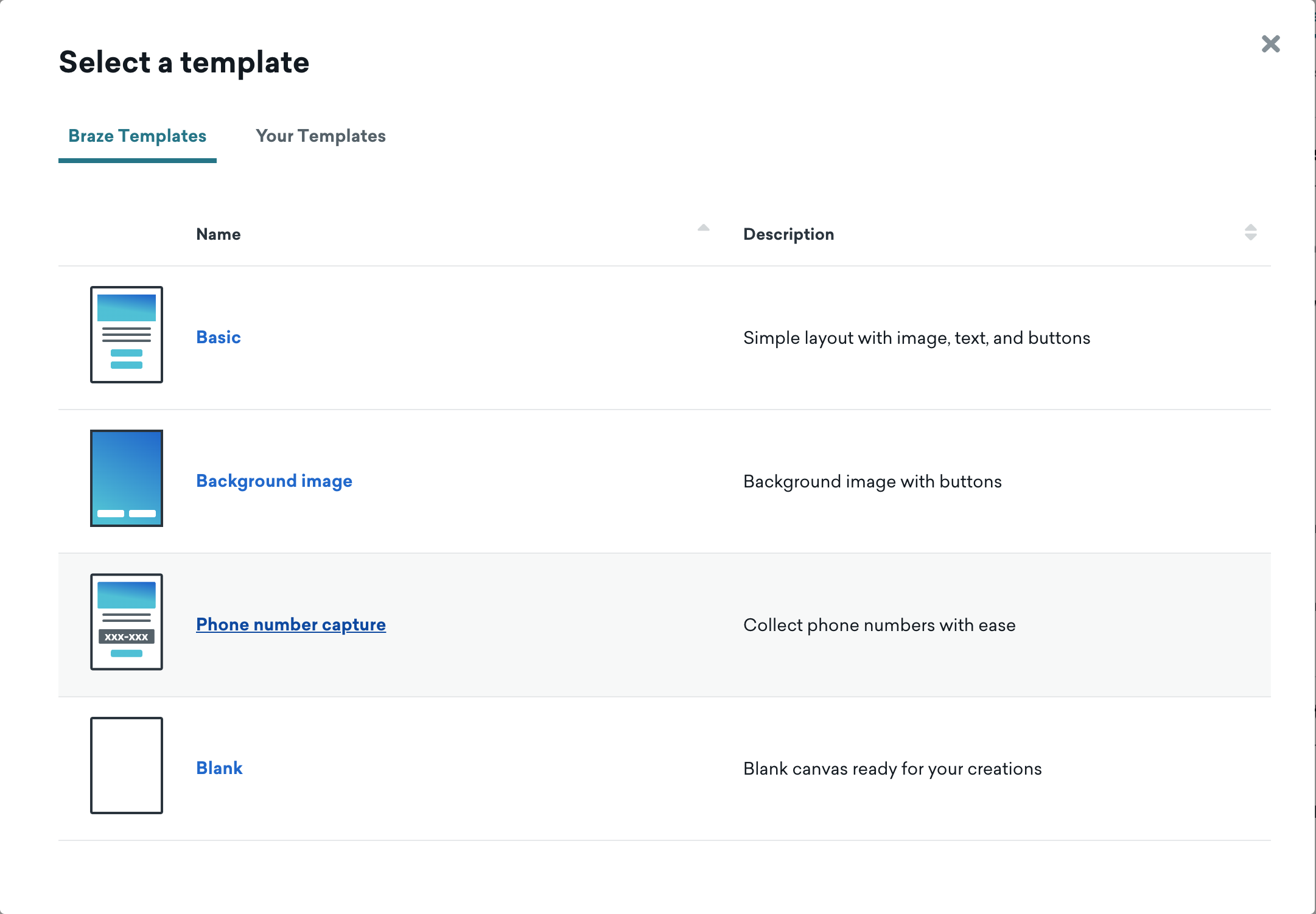 기본, 배경 이미지, 전화번호 캡처 또는 빈 템플릿을 선택할 수 있는 Braze 템플릿 섹션입니다.