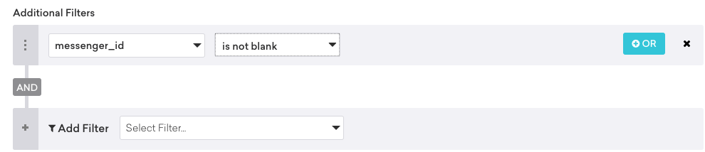 세그먼트 필터 "messenger_id"를 "비어 있지 않음"으로 설정합니다.